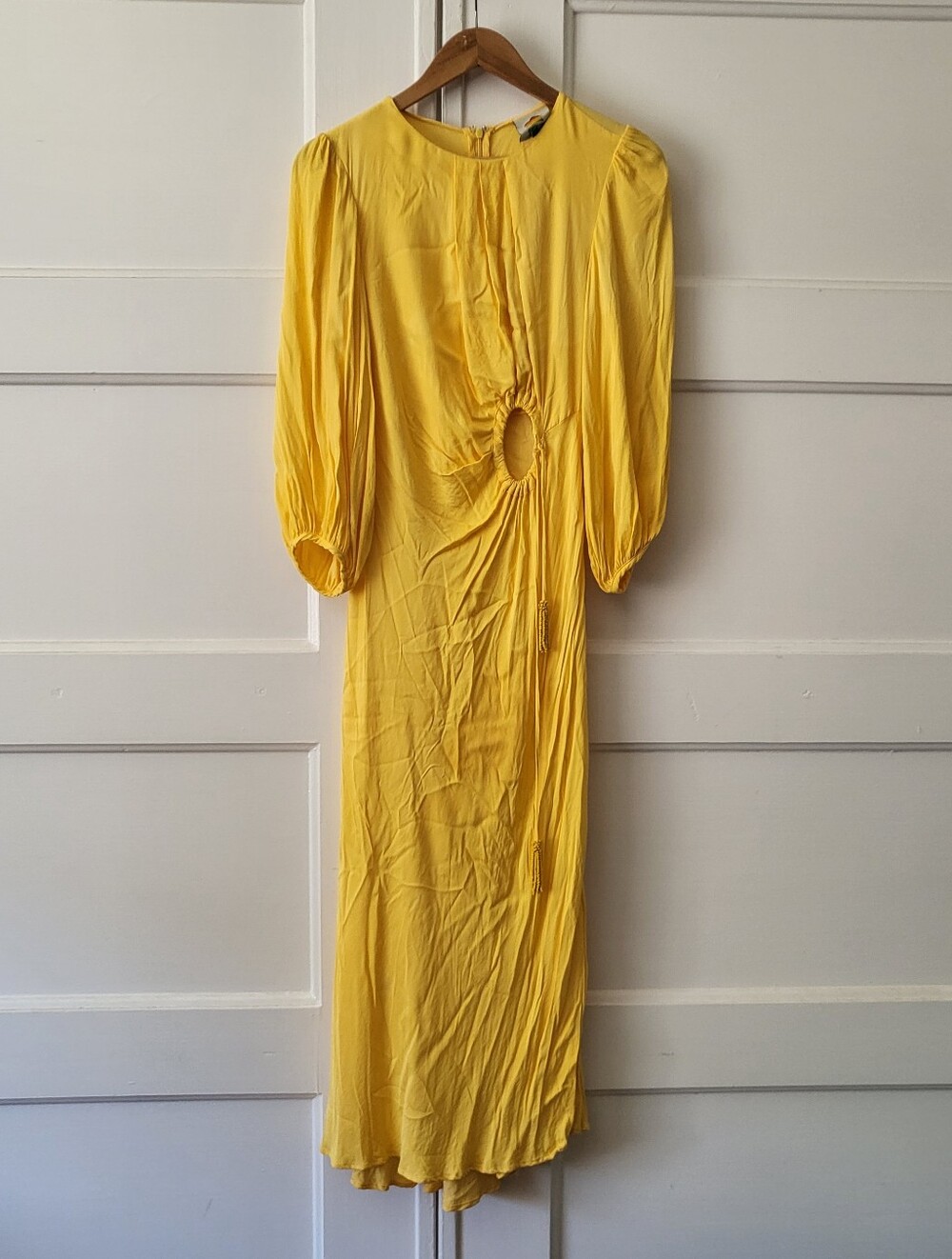 FARM Rio Yellow Cutout Drawstring Midi Dress Puff Sleeves Size Small *Damaged*